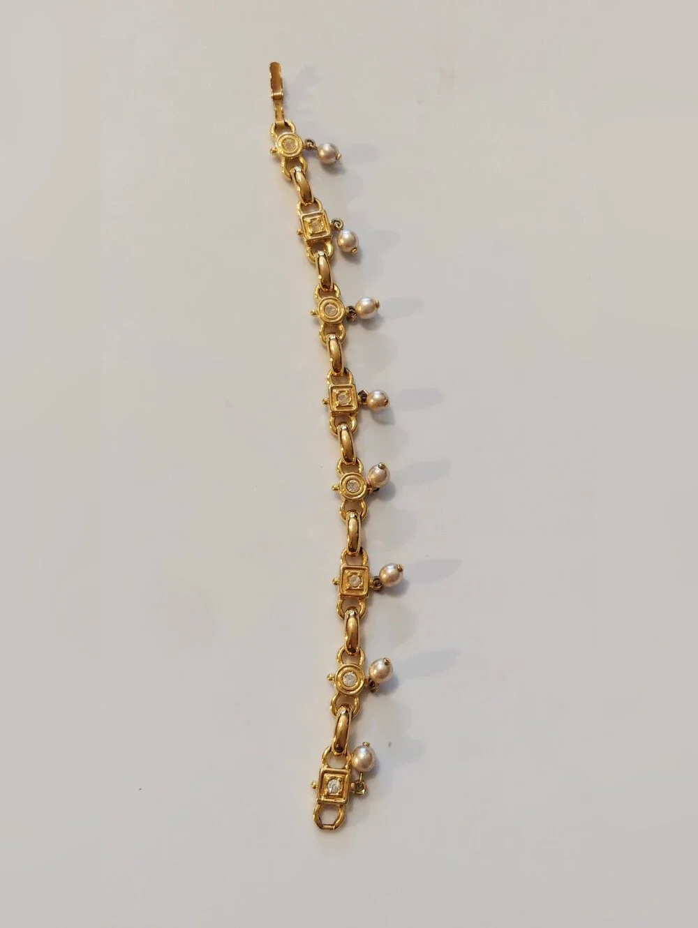 Vintage Joan Rivers Goldtone Faux Pearl and Rhinestone Link Bracelet